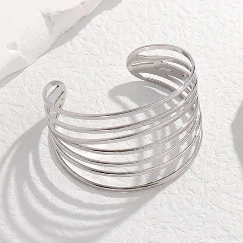 Geometric Lines Open Cuff Bracelet – 18K Gold Stainless Steel Adjustable Bangle