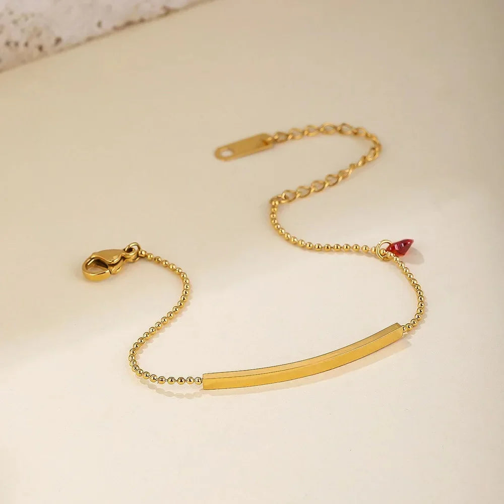 Red Love Heart Bead Bracelet – Gold Stainless Steel Wrist Chain for Women