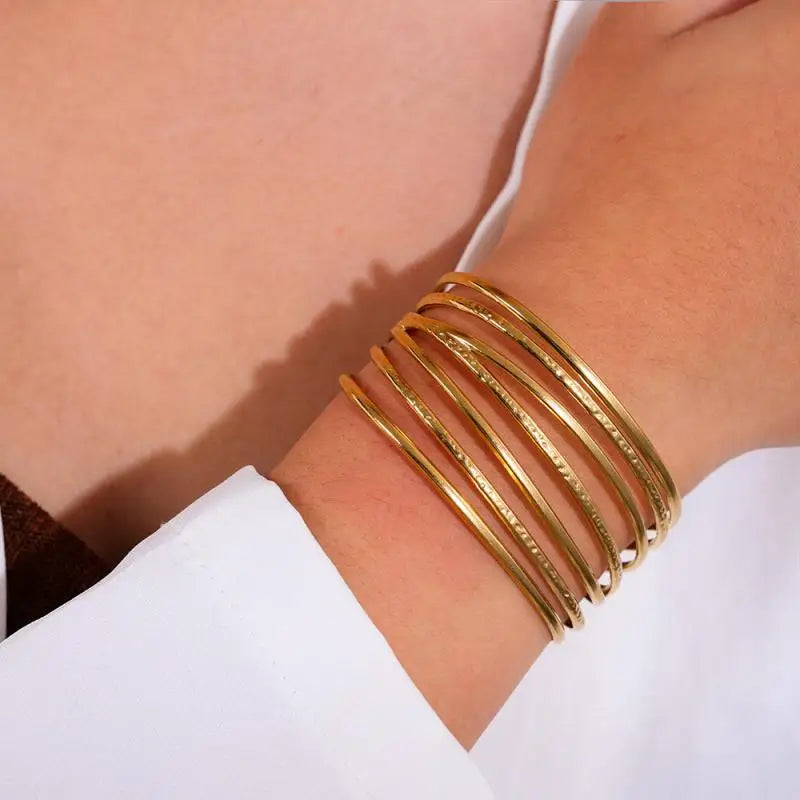 Geometric Lines Open Cuff Bracelet – 18K Gold Stainless Steel Adjustable Bangle