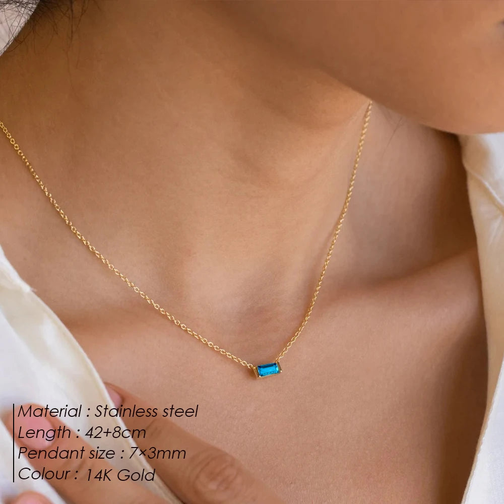 Birthstone Necklace – 12 Month Rectangle Charm 14K Gold Stainless Steel