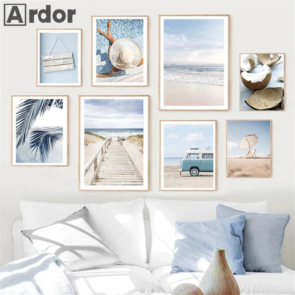 Tropical Beach Canvas Wall Art – Blue Sea Wave & Shell Poster
