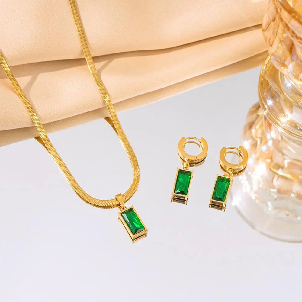 Green Crystal Zircon Jewelry Set – Stainless Steel Necklace & Earrings for Women