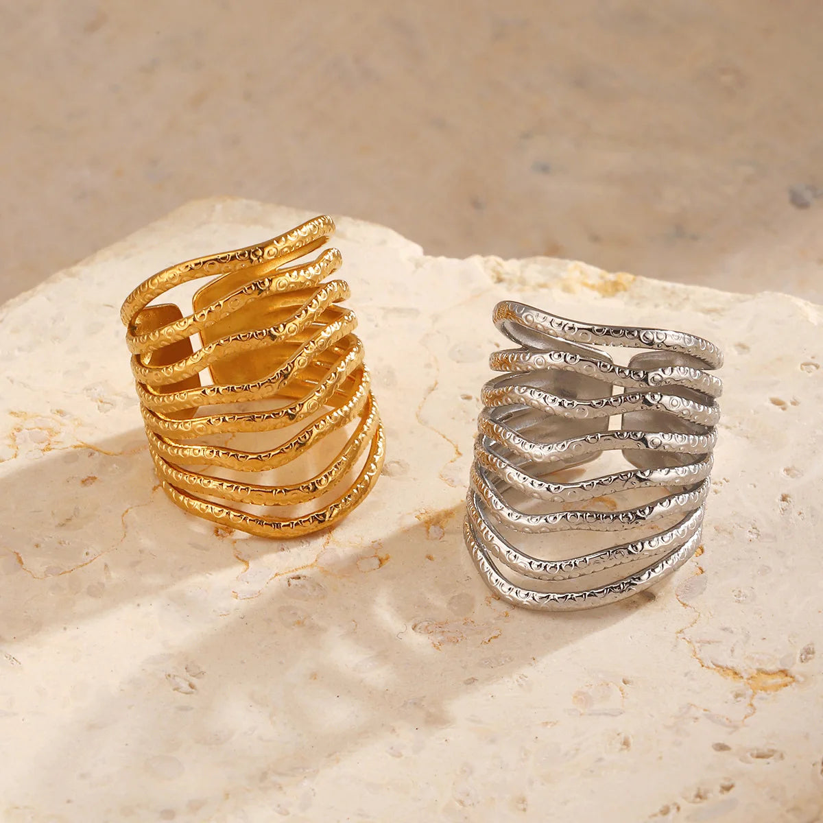 Multilayer Geometric Lines Open Ring – Gold Stainless Steel Adjustable Women’s Ring