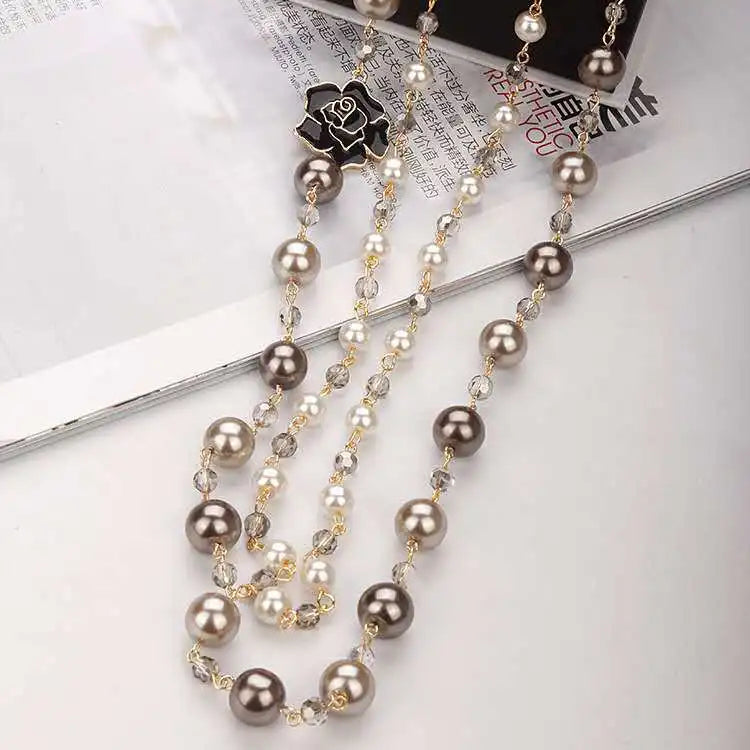 Vintage Camellia Pearl Double Layer Long Necklace – Elegant Women’s Jewelry