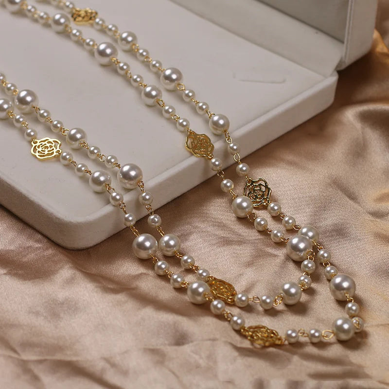 Vintage Camellia Pearl Double Layer Long Necklace – Elegant Women’s Jewelry