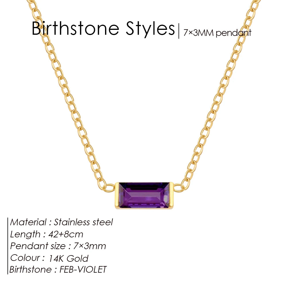 Birthstone Necklace – 12 Month Rectangle Charm 14K Gold Stainless Steel