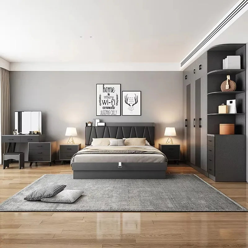 Luxury Wood Bedroom Set – Bed Frame with Wardrobe & Storage | Modern European Style