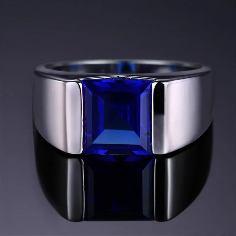 Men's Square Sapphire Solitaire Ring – 925 Sterling Silver | Multi-Color | Sizes 8–13