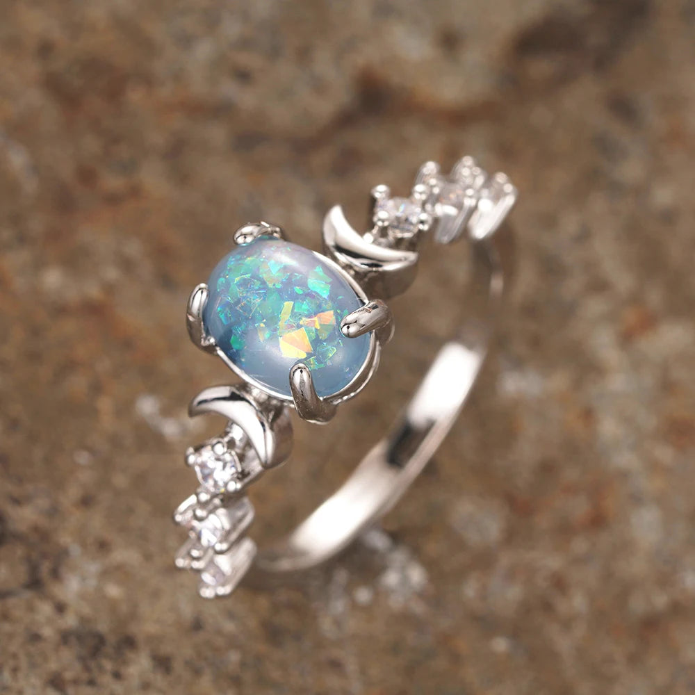 Rainbow Opal Moon Ring – 14K Rose Gold Plated Vintage Oval Stone Ring