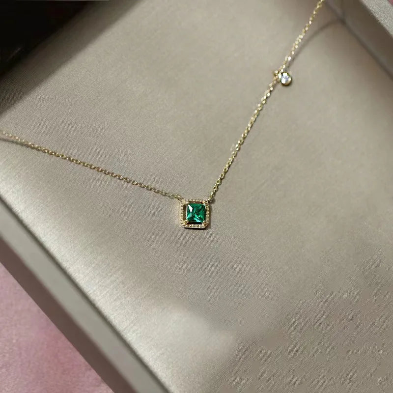 Emerald Crystal Chain Necklace – S925 Sterling Silver 14K Gold Plated Light Luxury