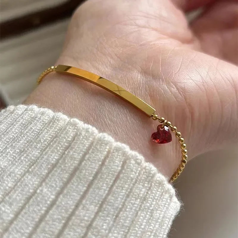 Red Love Heart Bead Bracelet – Gold Stainless Steel Wrist Chain for Women
