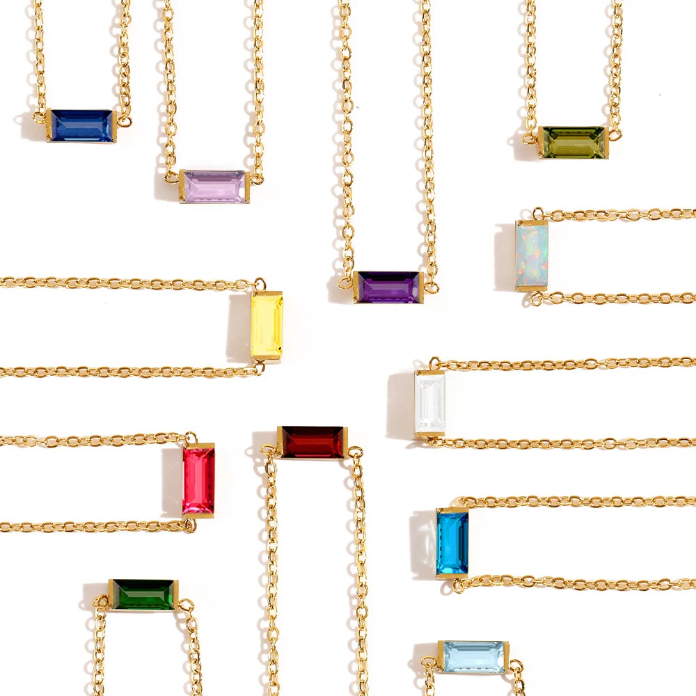 Birthstone Necklace – 12 Month Rectangle Charm 14K Gold Stainless Steel
