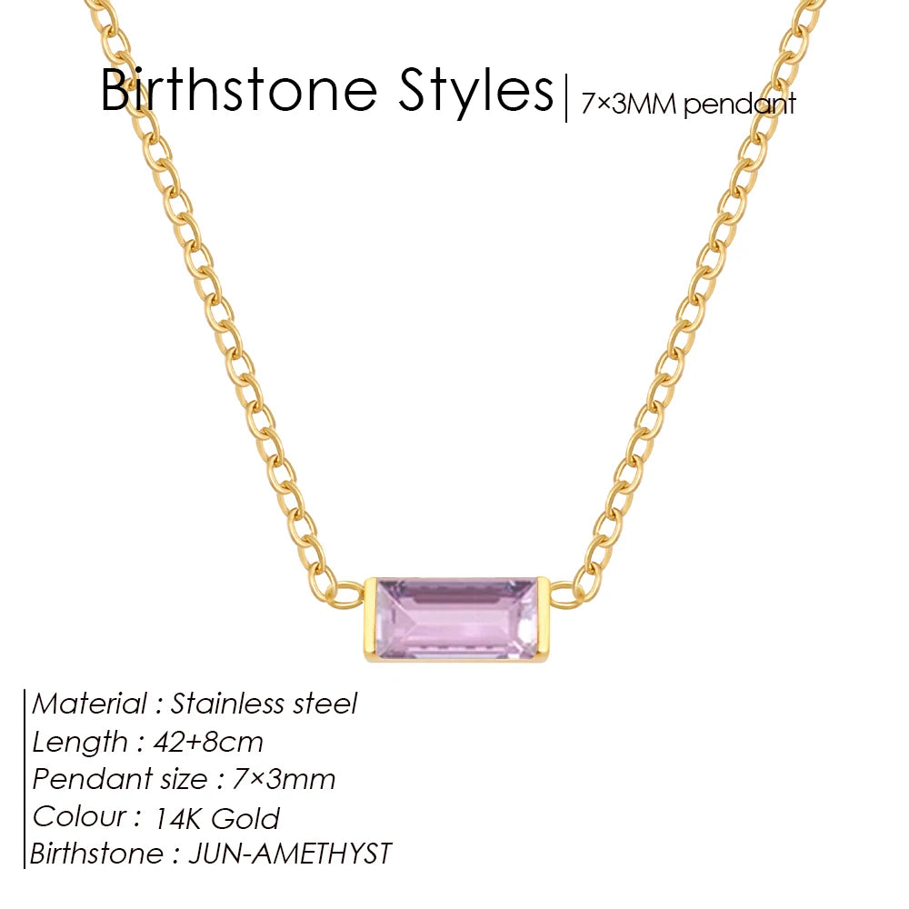 Birthstone Necklace – 12 Month Rectangle Charm 14K Gold Stainless Steel