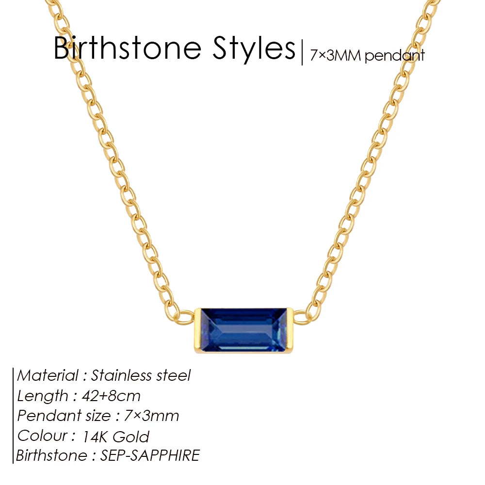 Birthstone Necklace – 12 Month Rectangle Charm 14K Gold Stainless Steel