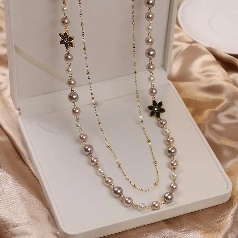 Vintage Camellia Pearl Double Layer Long Necklace – Elegant Women’s Jewelry
