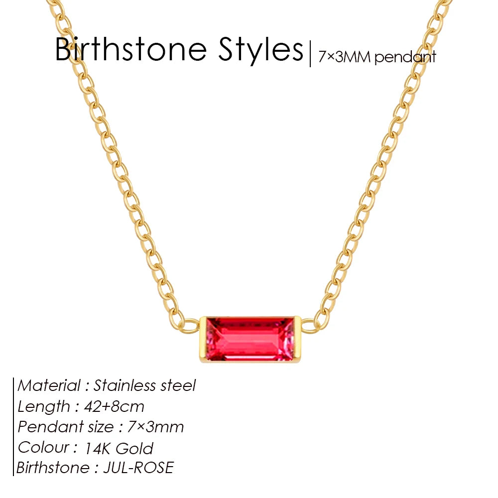Birthstone Necklace – 12 Month Rectangle Charm 14K Gold Stainless Steel