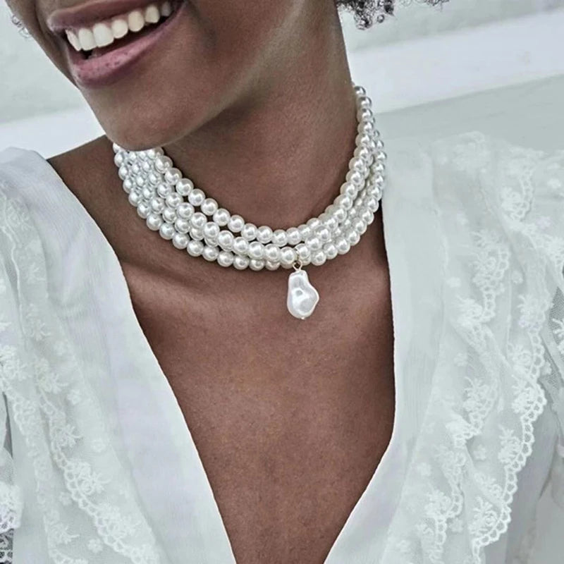Layered Baroque Pearl Choker Necklace – Irregular Pendant Wedding Jewelry for Women