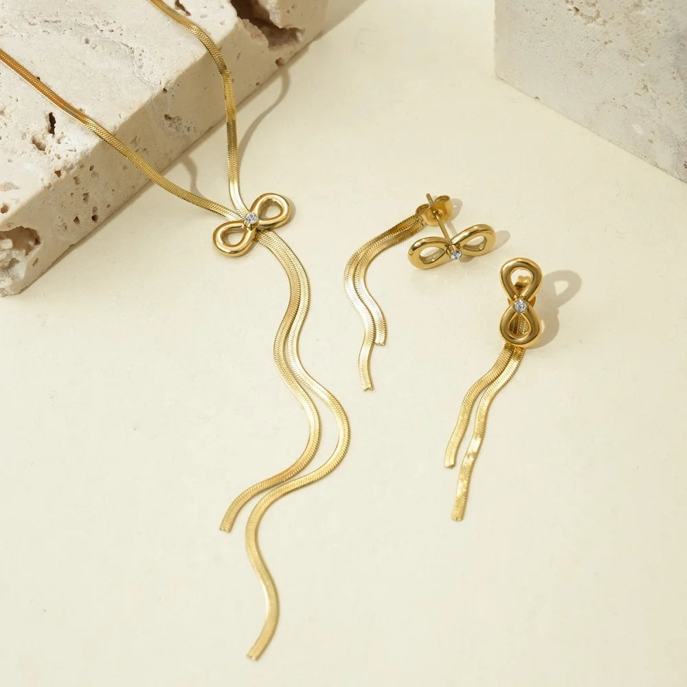 Bowknot Tassel Jewelry Set – Gold Necklace & Earrings