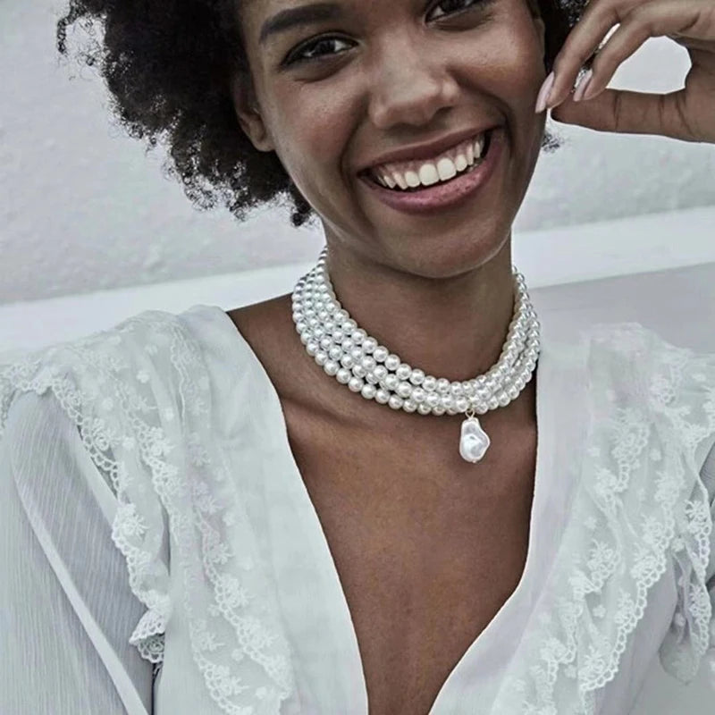 Layered Baroque Pearl Choker Necklace – Irregular Pendant Wedding Jewelry for Women