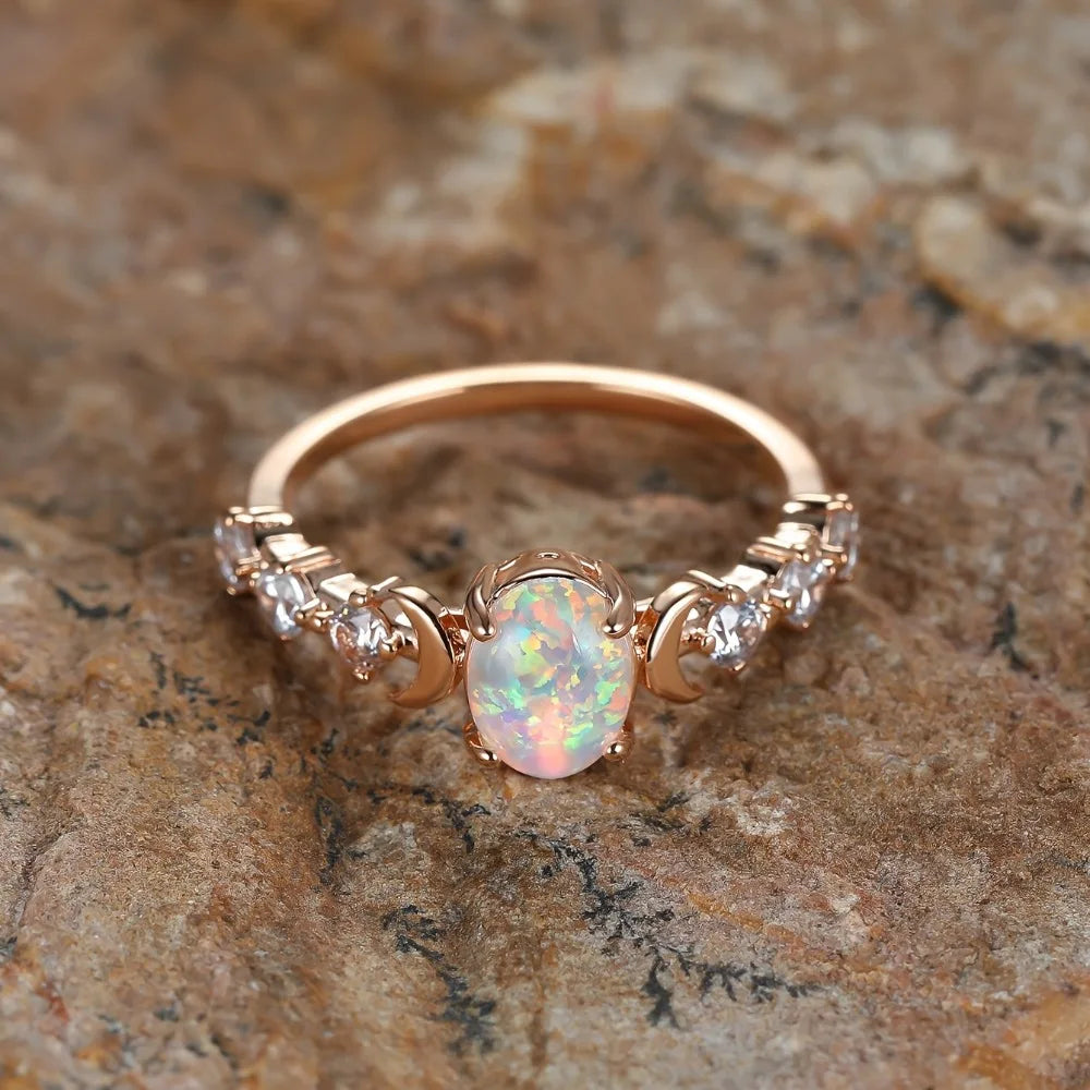 Rainbow Opal Moon Ring – 14K Rose Gold Plated Vintage Oval Stone Engagement Ring