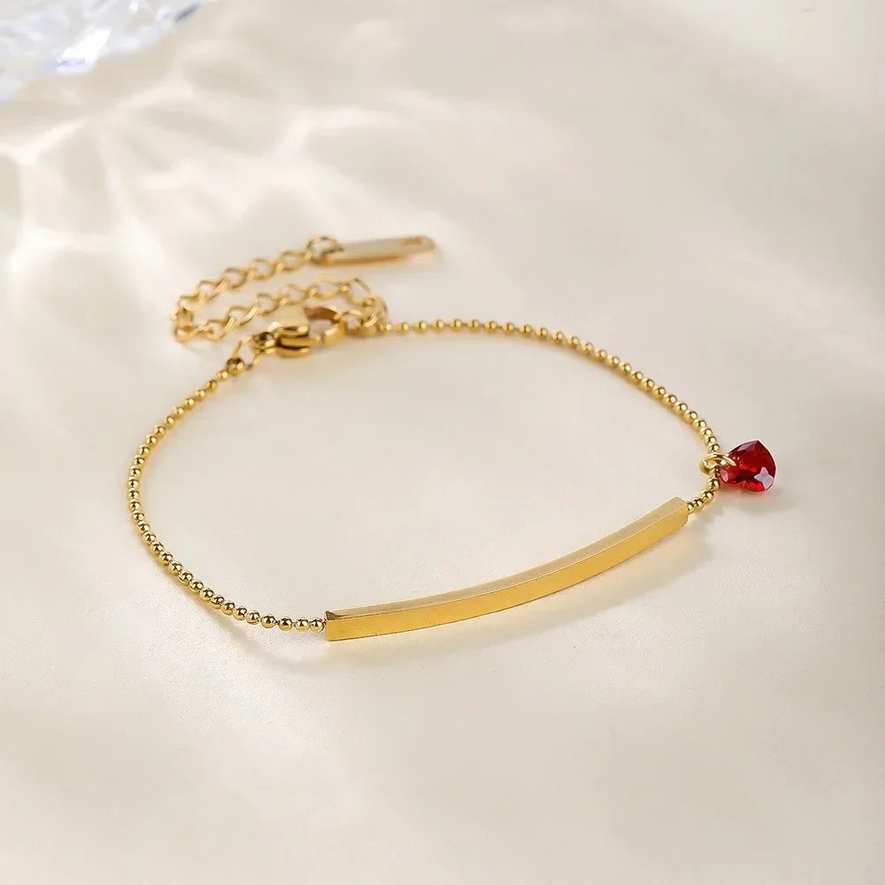 Red Love Heart Bead Bracelet – Gold Stainless Steel Wrist Chain for Women