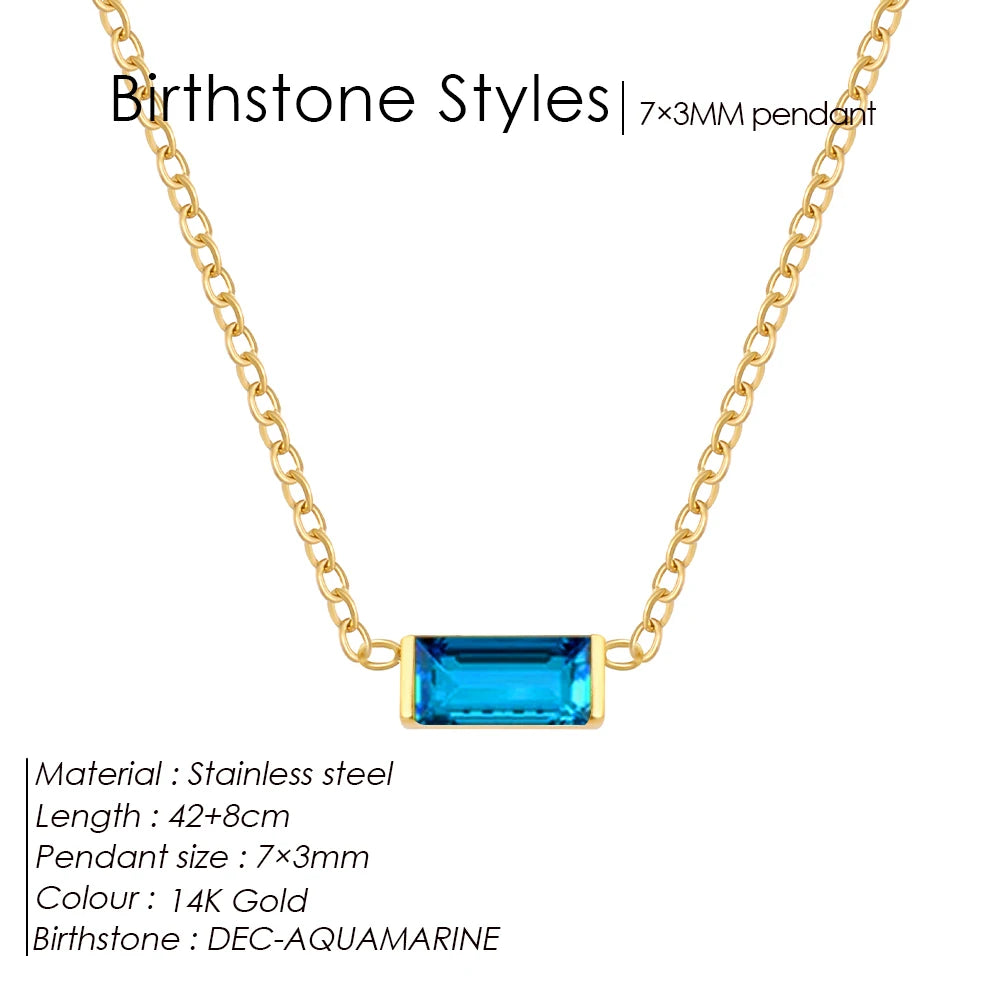 Birthstone Necklace – 12 Month Rectangle Charm 14K Gold Stainless Steel