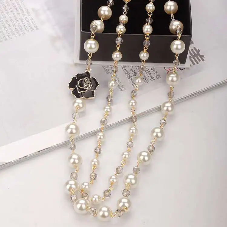 Vintage Camellia Pearl Double Layer Long Necklace – Elegant Women’s Jewelry