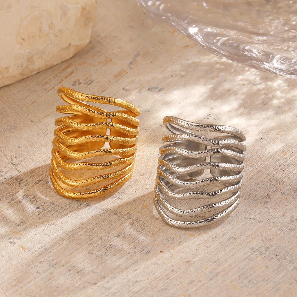 Multilayer Geometric Lines Open Ring – Gold Stainless Steel Adjustable Women’s Ring