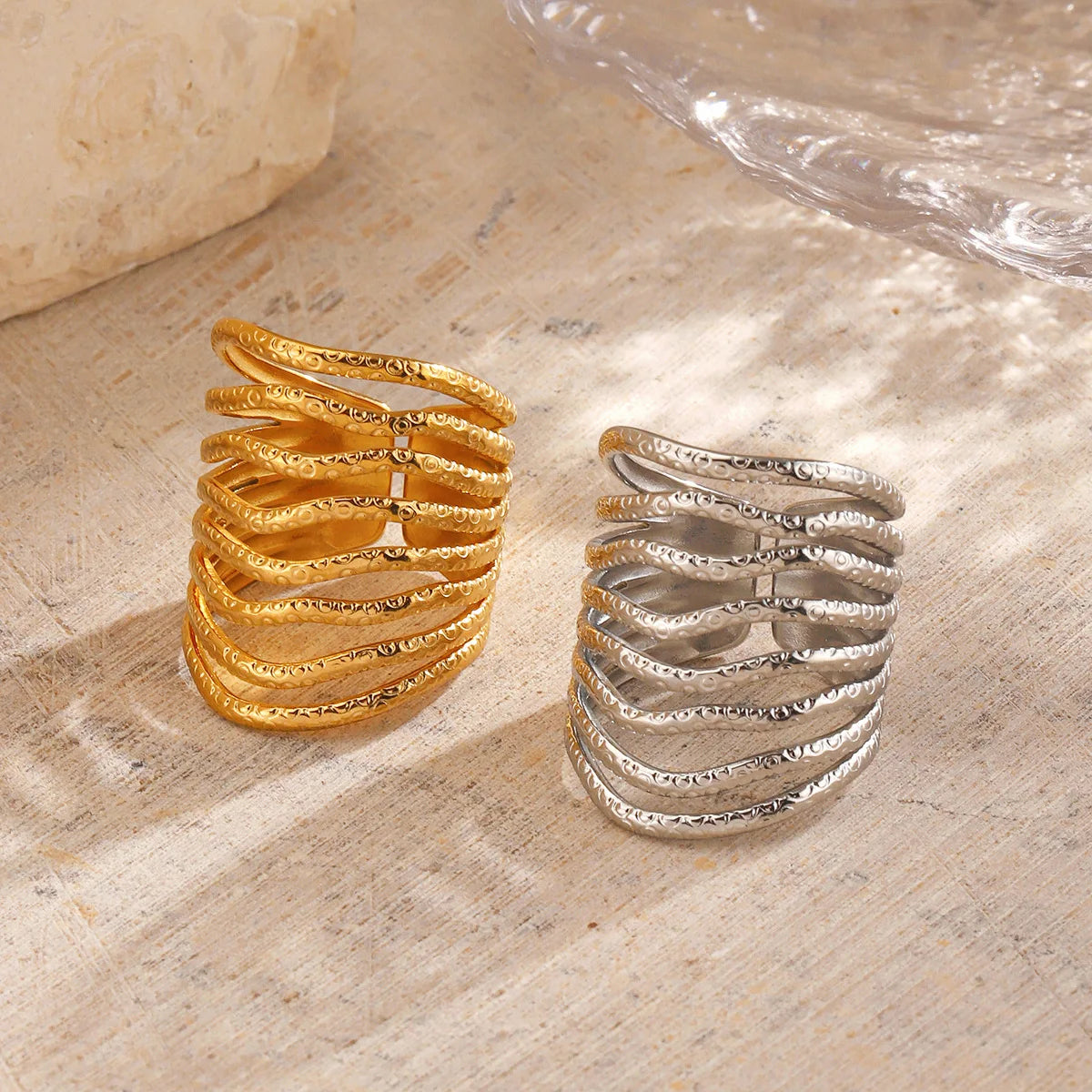 Multilayer Geometric Lines Open Ring – Gold Stainless Steel Adjustable Women’s Ring