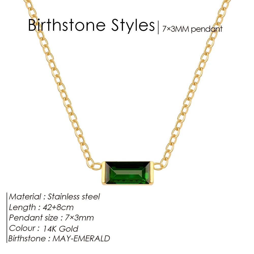 Birthstone Necklace – 12 Month Rectangle Charm 14K Gold Stainless Steel