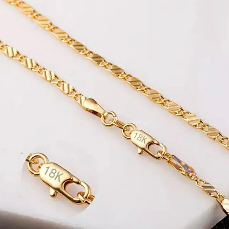 18K Gold Side Chain Necklace – 925 Silver 2mm 16–30 Inch Unisex