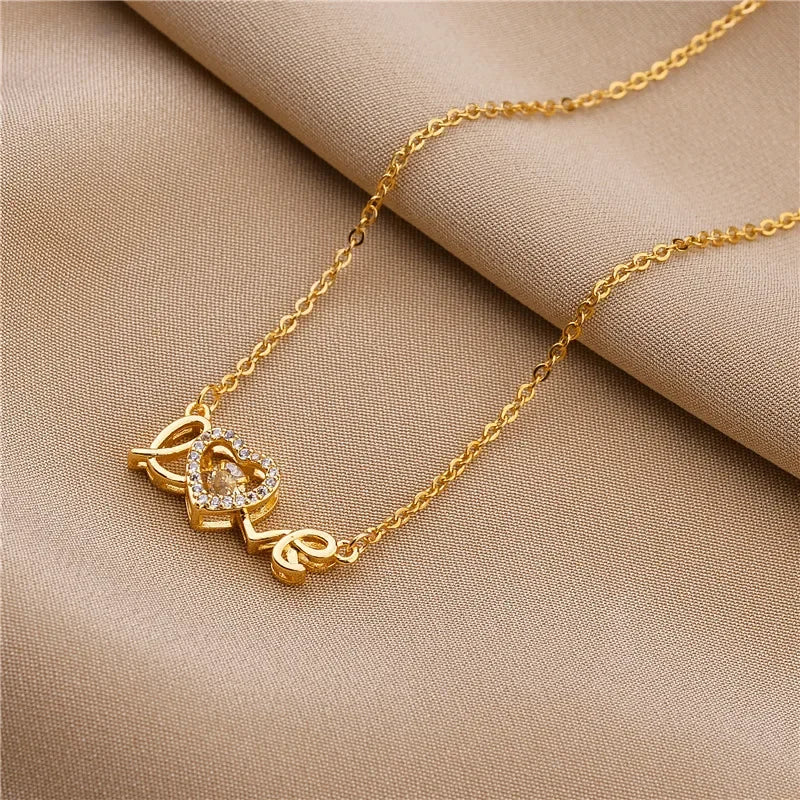 Bow Lock LOVE Zircon Pendant Necklace – Stainless Steel Clavicle Chain for Women