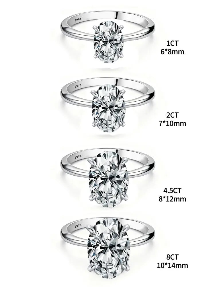 Four elegant sterling silver rings from the Harmony Ring collection, each featuring a sparkling oval-cut clear gemstone in increasing sizes from 1CT to 8CT, showcasing timeless luxury and sophistication.