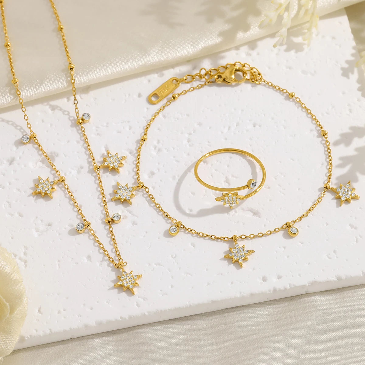 Crystal Star Jewelry Set – 18K Gold Stainless Steel, Necklace & Bracelet