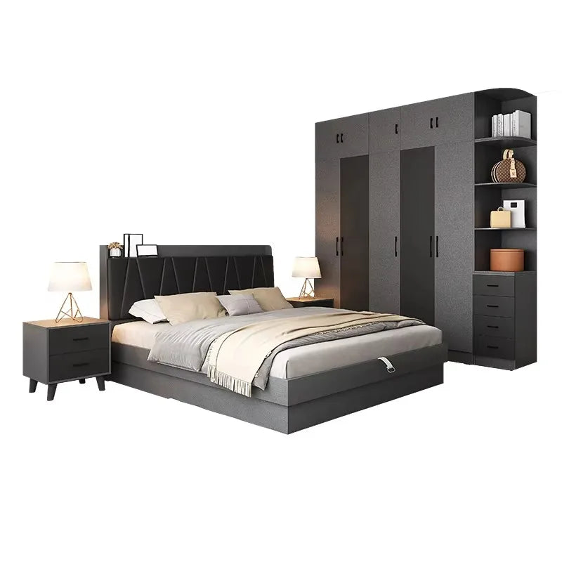 Luxury Wood Bedroom Set – Bed Frame with Wardrobe & Storage | Modern European Style