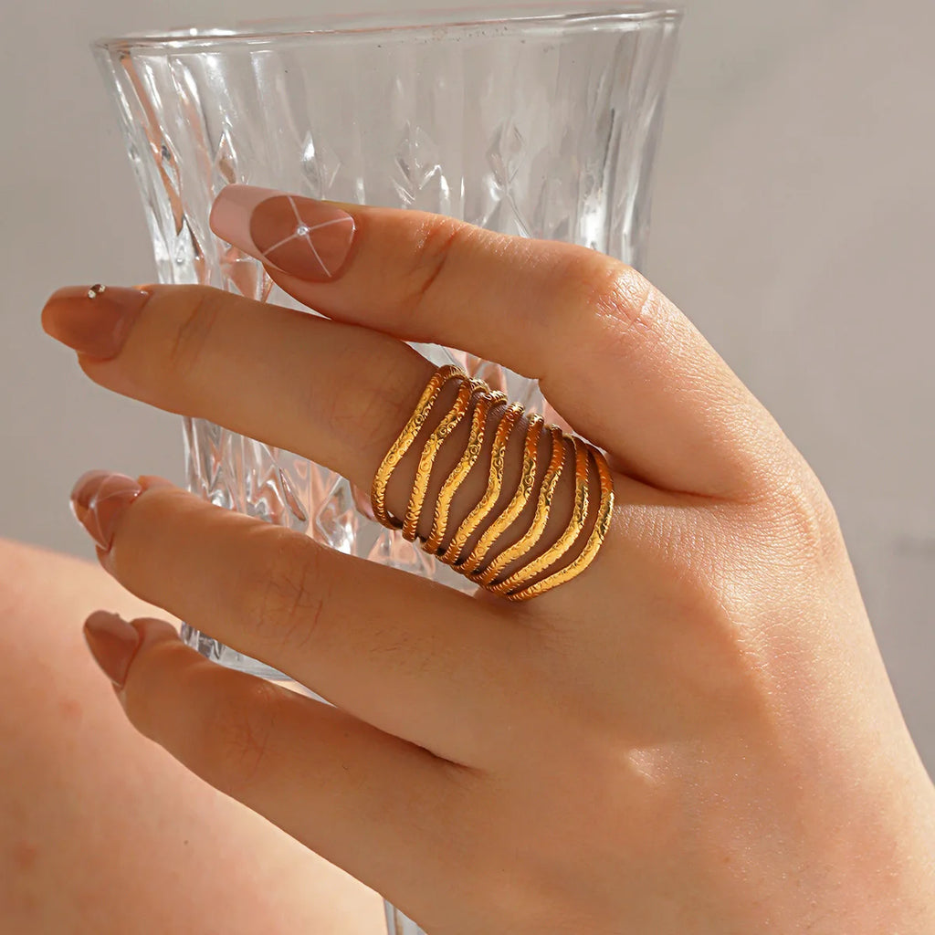 Multilayer Geometric Lines Open Ring – Gold Stainless Steel Adjustable Women’s Ring