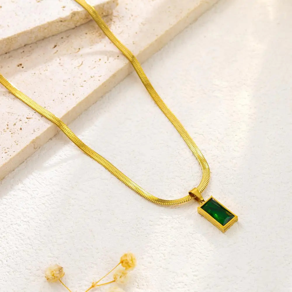 Green Crystal Zircon Jewelry Set – Stainless Steel Necklace & Earrings for Women