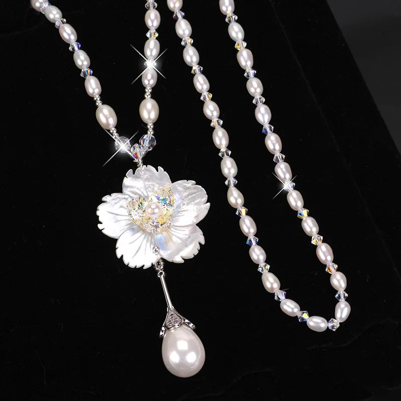 Vintage Camellia Pearl Double Layer Long Necklace – Elegant Women’s Jewelry