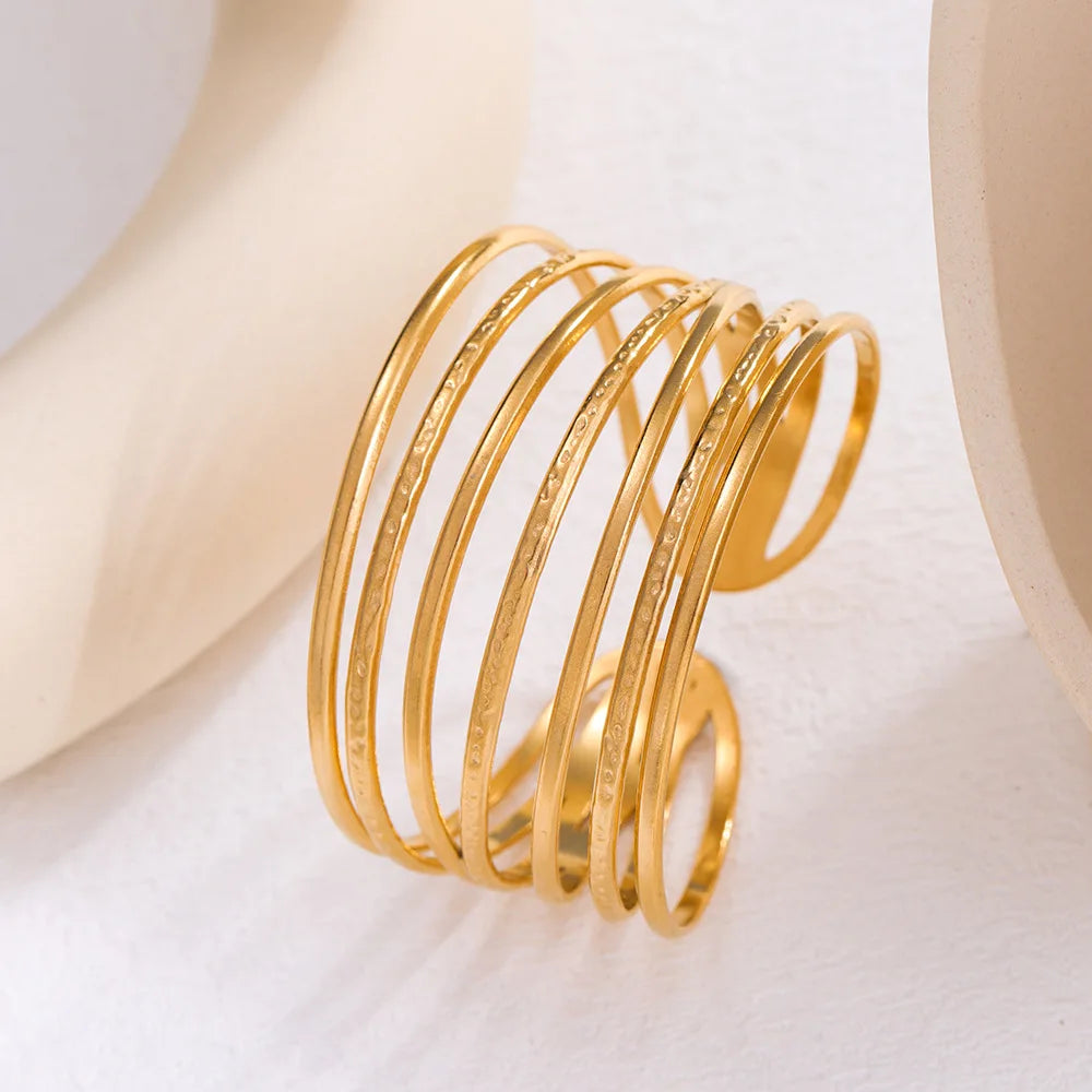 Geometric Lines Open Cuff Bracelet – 18K Gold Stainless Steel Adjustable Bangle