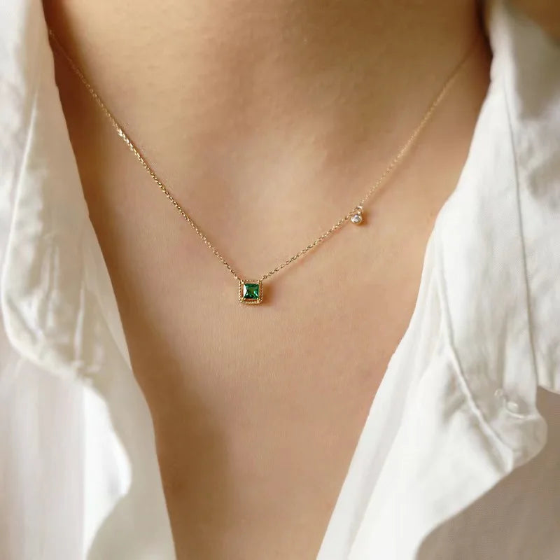 Emerald Crystal Chain Necklace – S925 Sterling Silver 14K Gold Plated Light Luxury