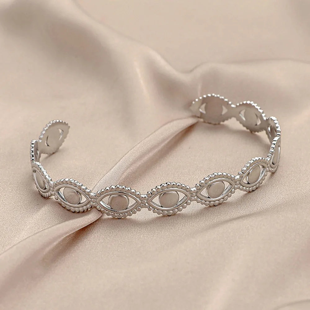 Evil Eye Open Cuff Bracelet – Gold & Silver Stainless Steel Minimalist Bangle