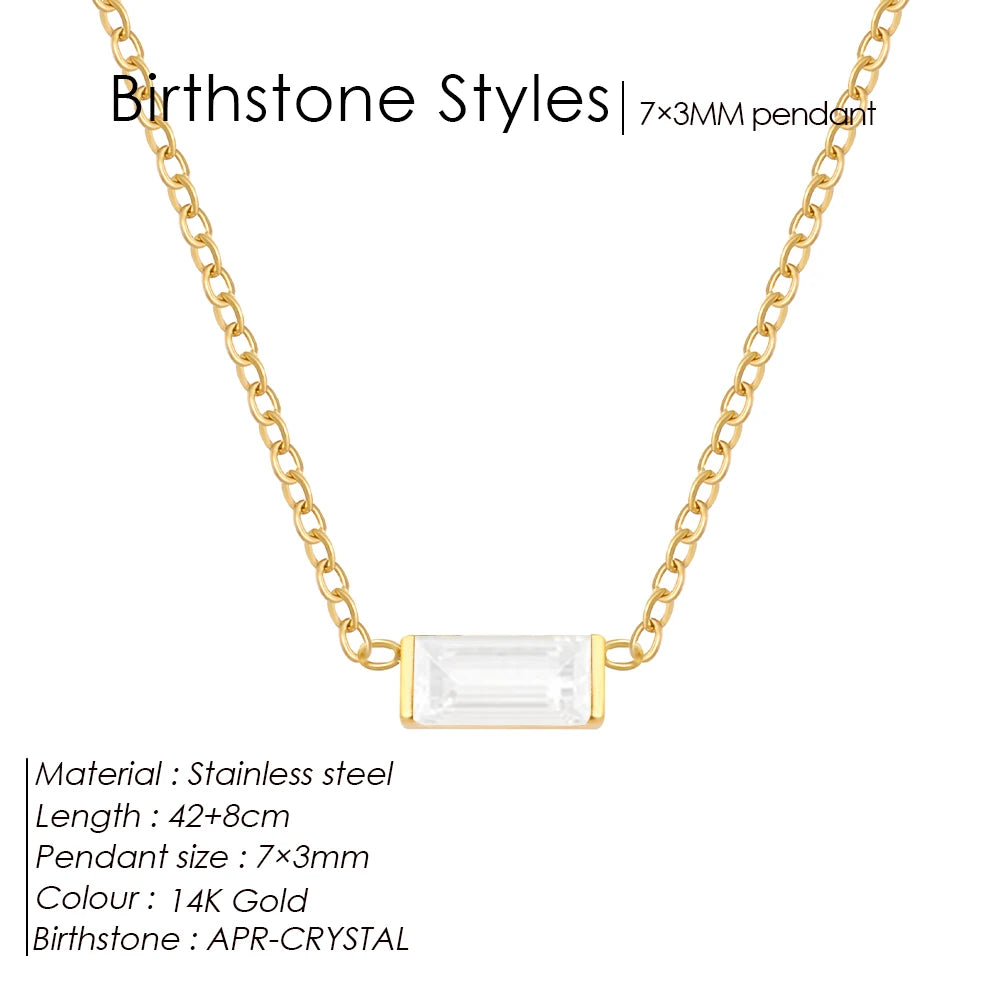 Birthstone Necklace – 12 Month Rectangle Charm 14K Gold Stainless Steel