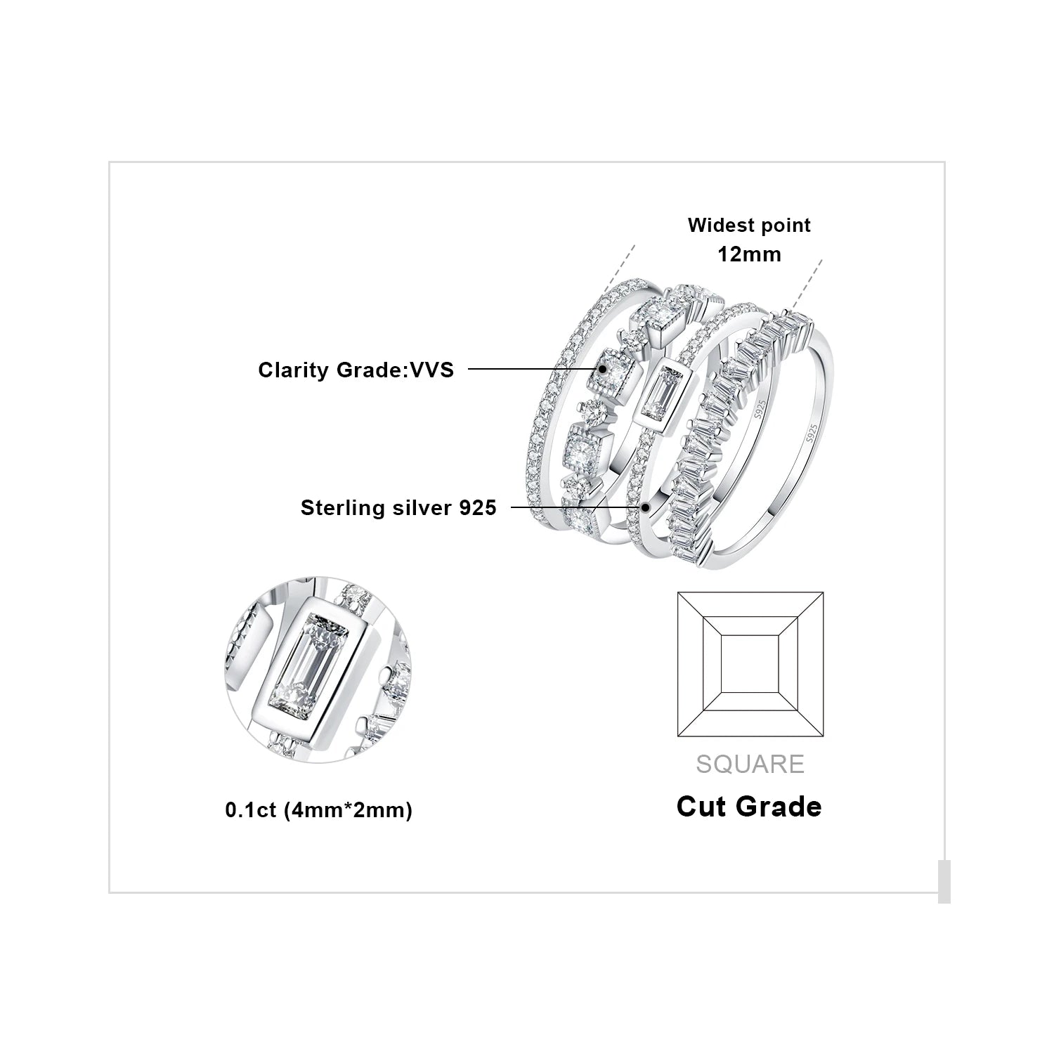 4-Piece CZ Stacking Ring Set – 925 Sterling Silver | 1CT AAAAA Cubic Zirconia | Women