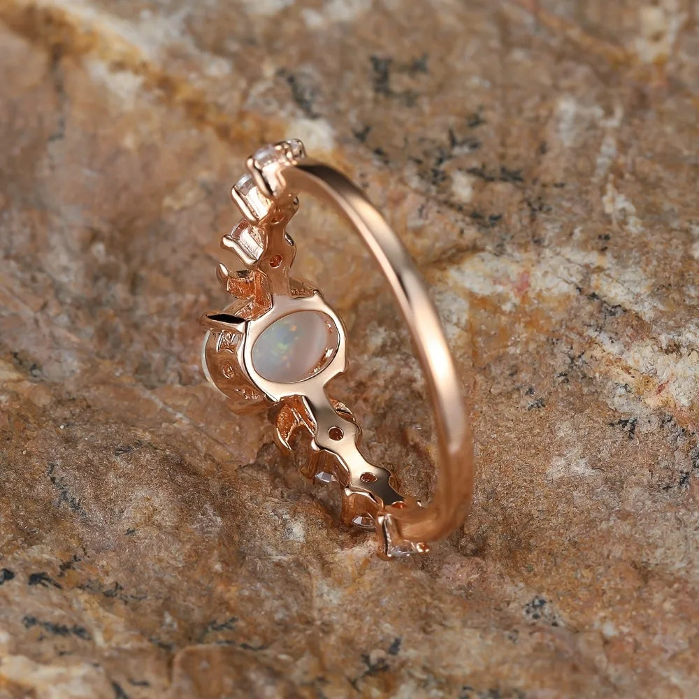 Rainbow Opal Moon Ring – 14K Rose Gold Plated Vintage Oval Stone Engagement Ring