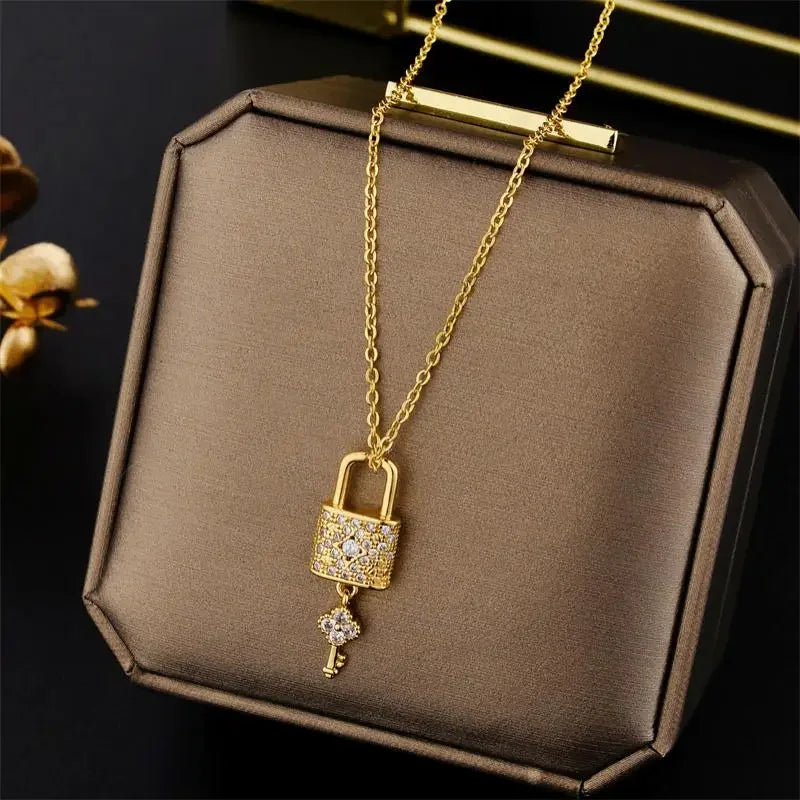 Bow Lock LOVE Zircon Pendant Necklace – Stainless Steel Clavicle Chain for Women