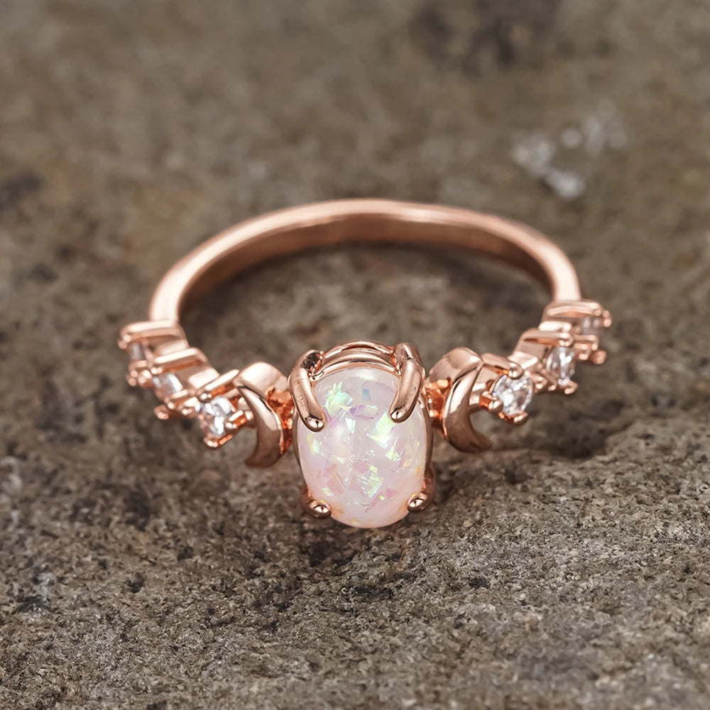 Rainbow Opal Moon Ring – 14K Rose Gold Plated Vintage Oval Stone Ring