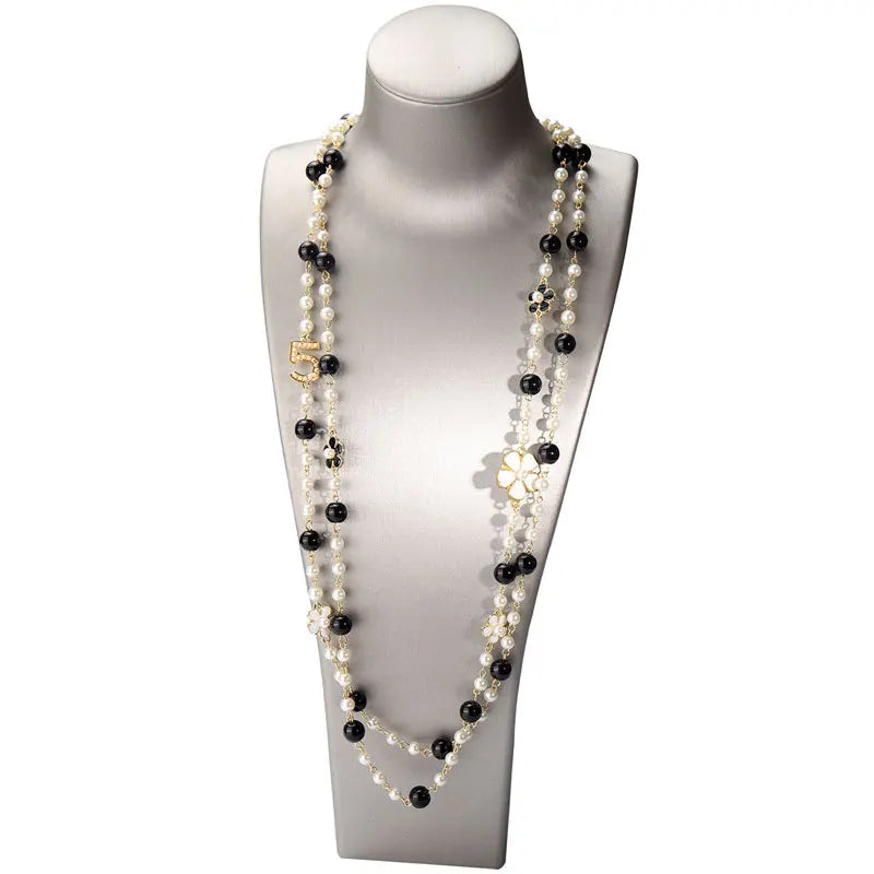 Vintage Camellia Pearl Double Layer Long Necklace – Elegant Women’s Jewelry