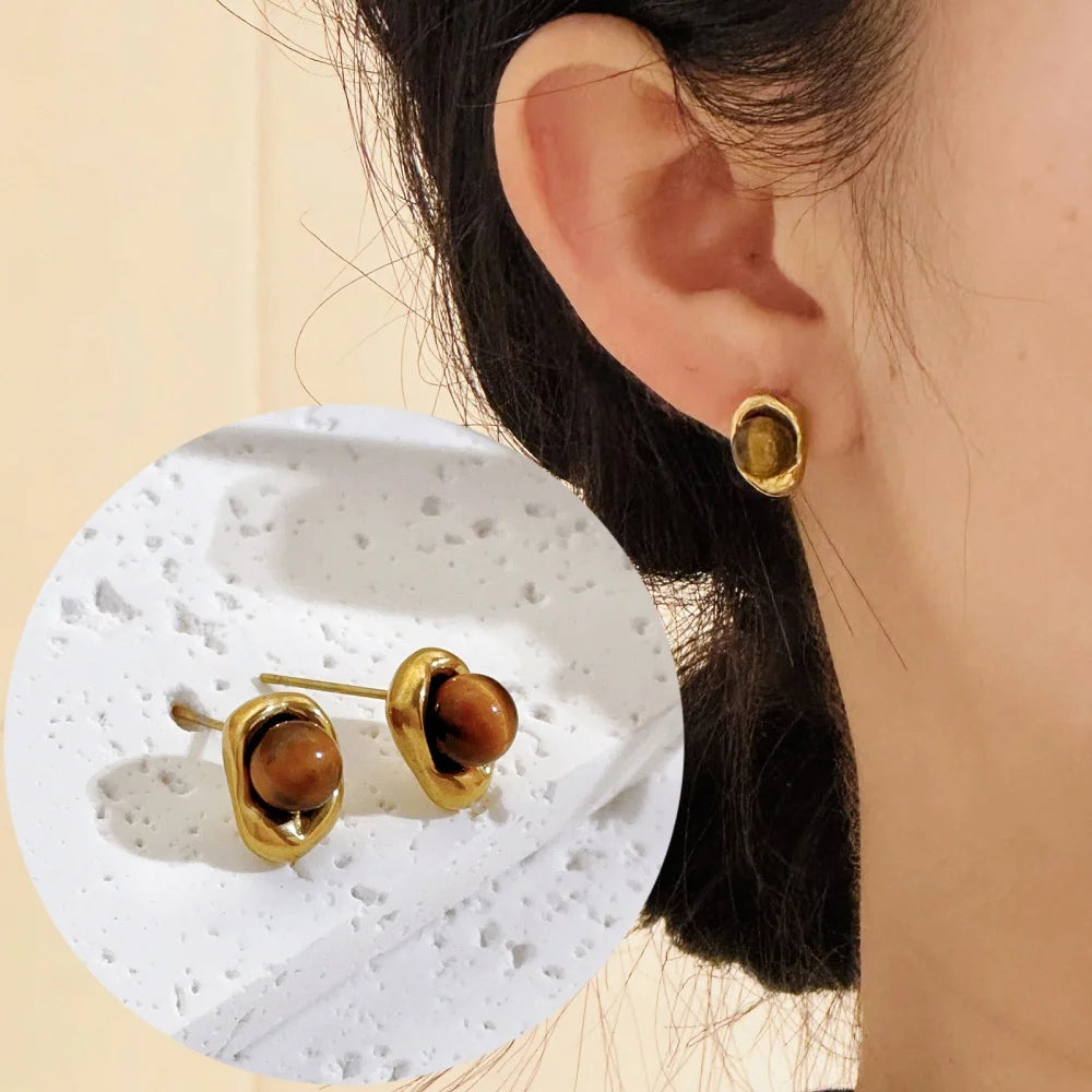 Tiger’s Eye Pendant Jewelry Set – Maillard Style Stainless Steel Necklace & Earrings