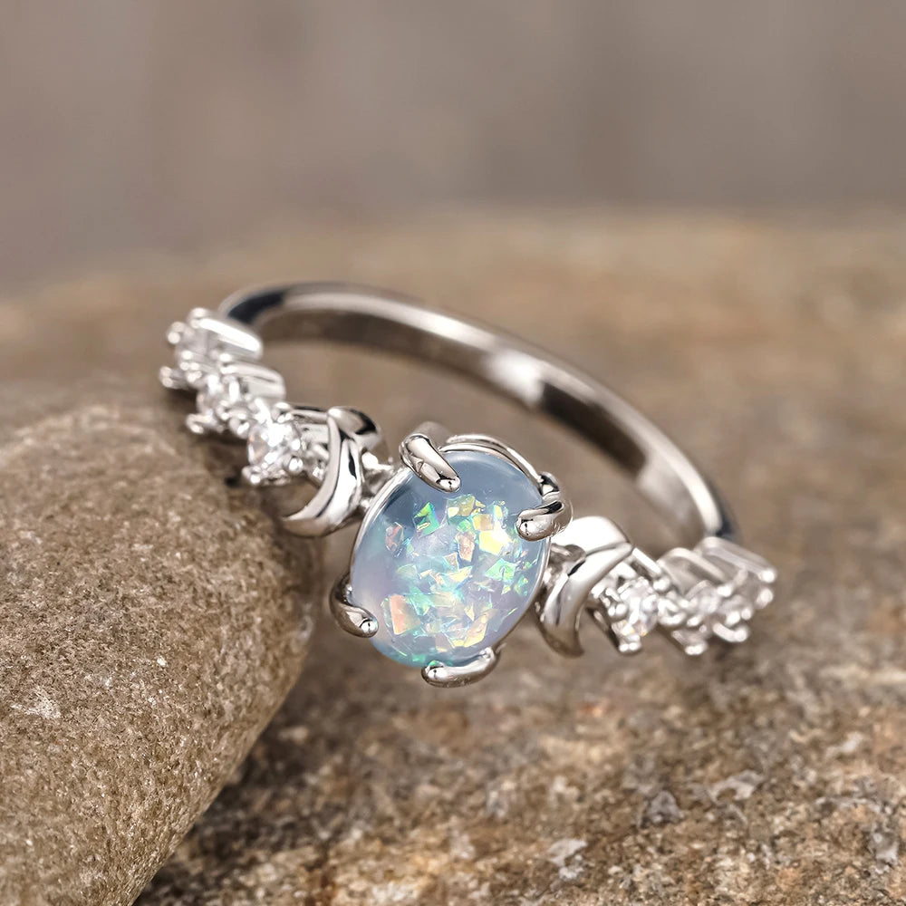 Rainbow Opal Moon Ring – 14K Rose Gold Plated Vintage Oval Stone Ring