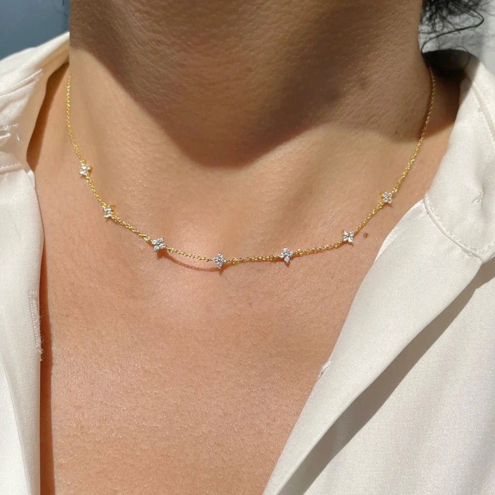 Four Leaf Clover Zircon Necklace – 18K Gold Stainless Steel Lucky Charm for Women
